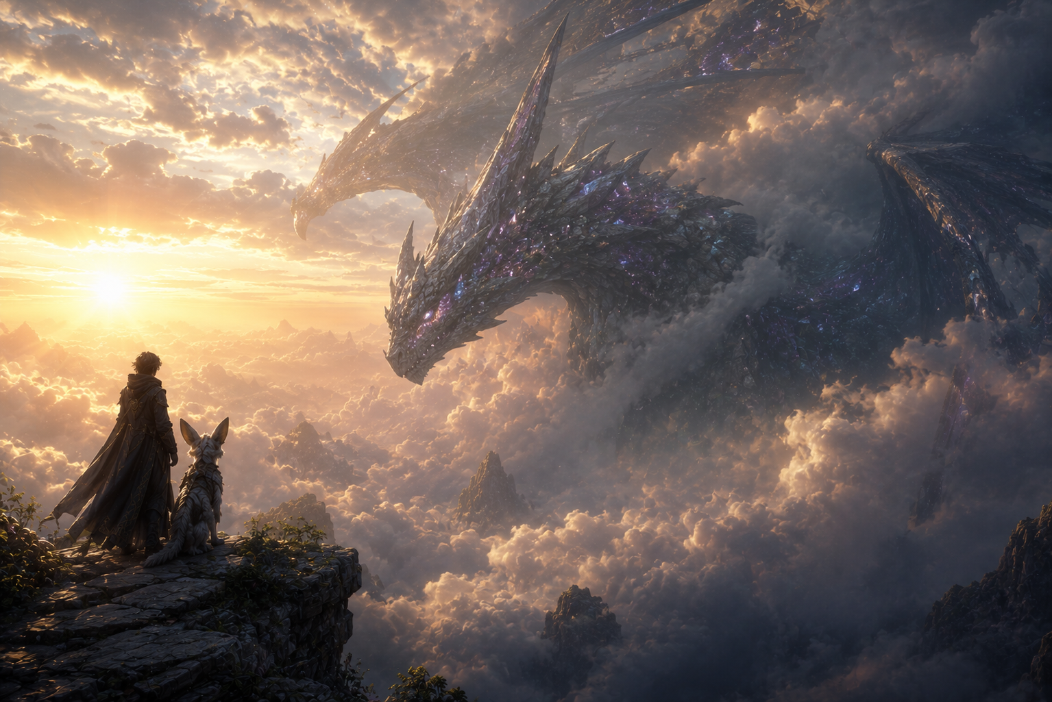 A vast dragon emerging through clouds above two figures